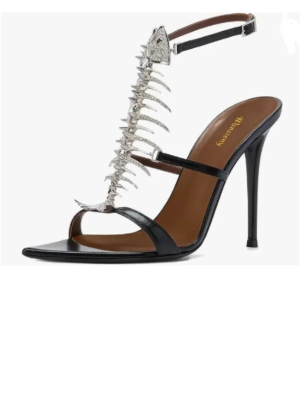 Wansseny Black Open Toe Fishbone Rhinestone Ankle Strap Stiletto Heels Sandals